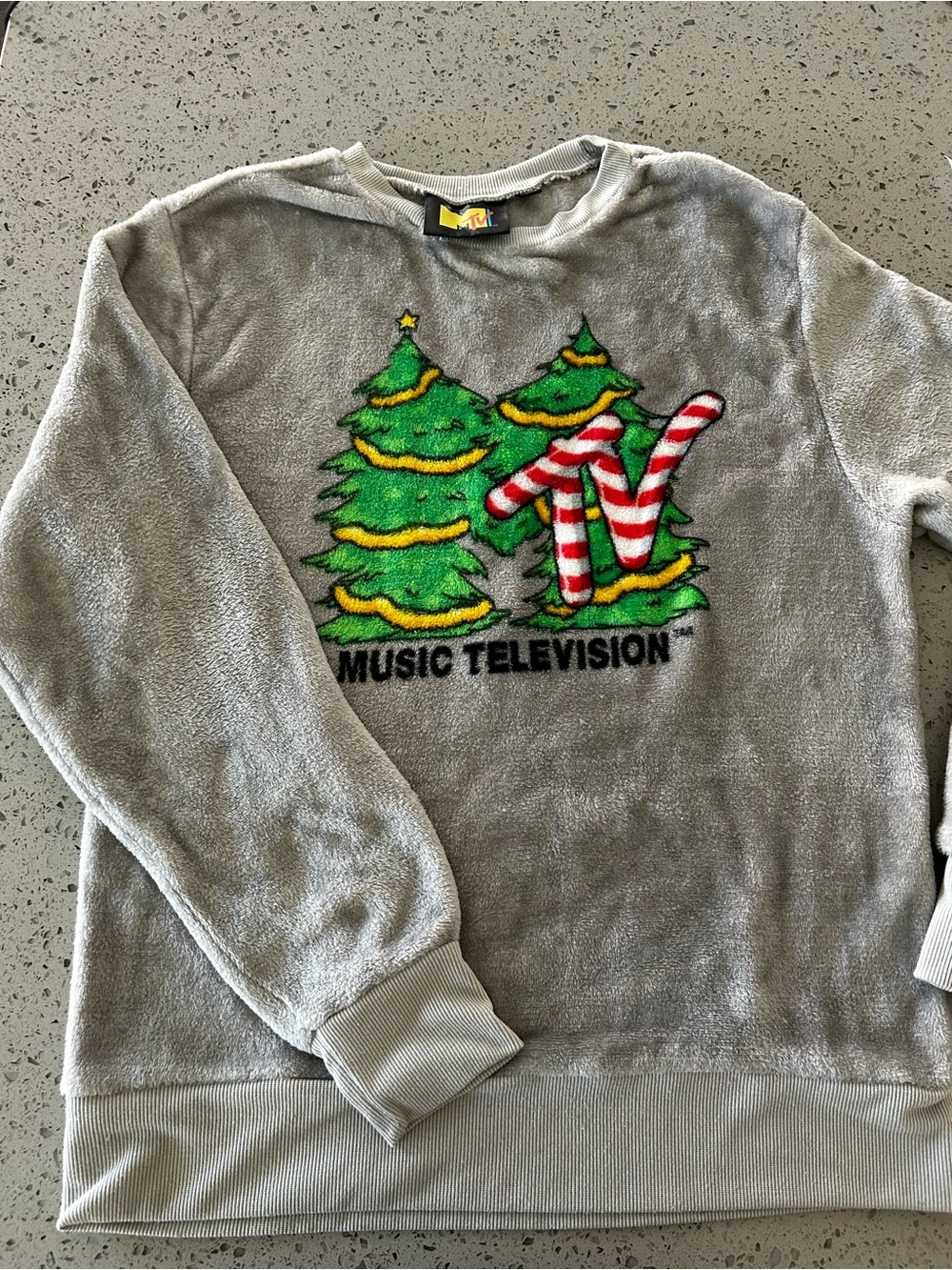 MTV Gray Plush Crewneck Sweater with Green Holiday Tree and Red-White Logo